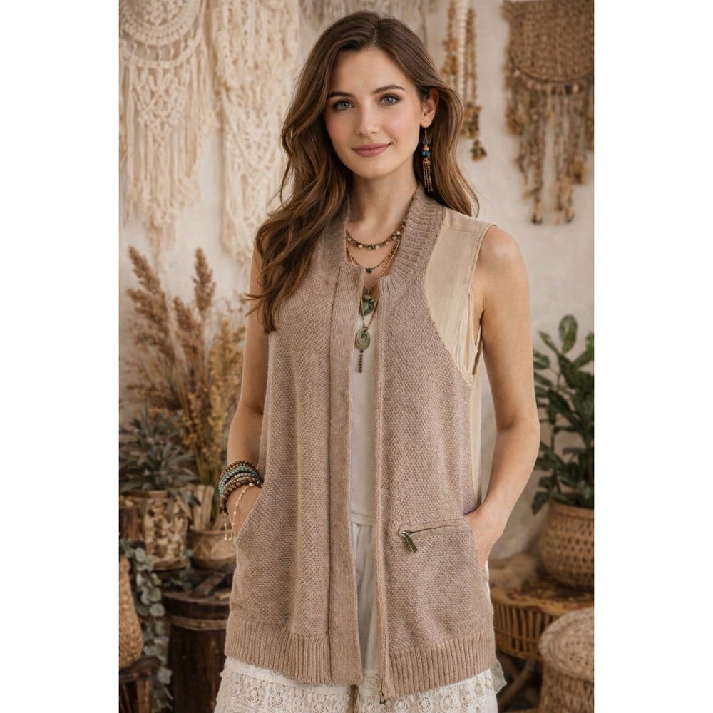 Shae Anthropologie Mohair Brown Zipper Pocket Knit Sweater Vest Long Boho